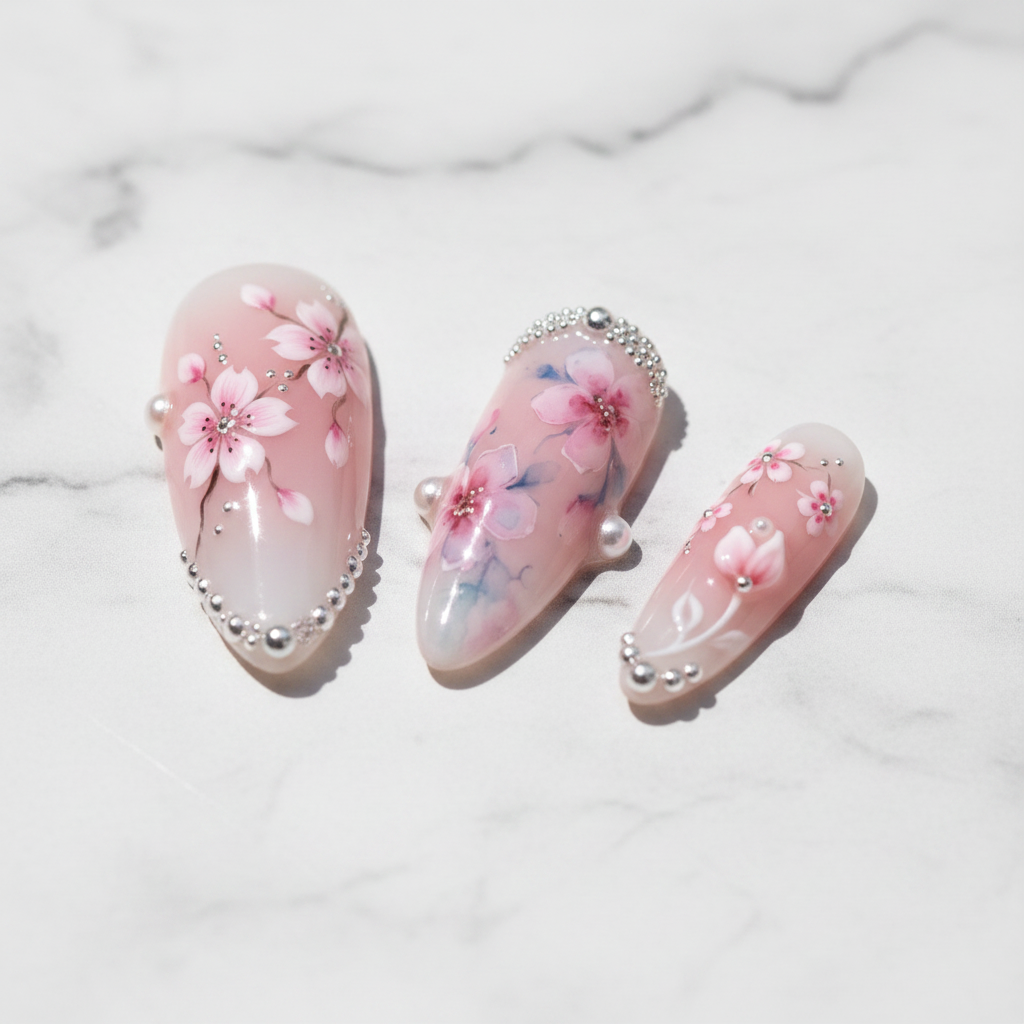 Macro watercolor cherry blossom rhinestone pearl custom press-on nails blush pink almond — LuxepressCo