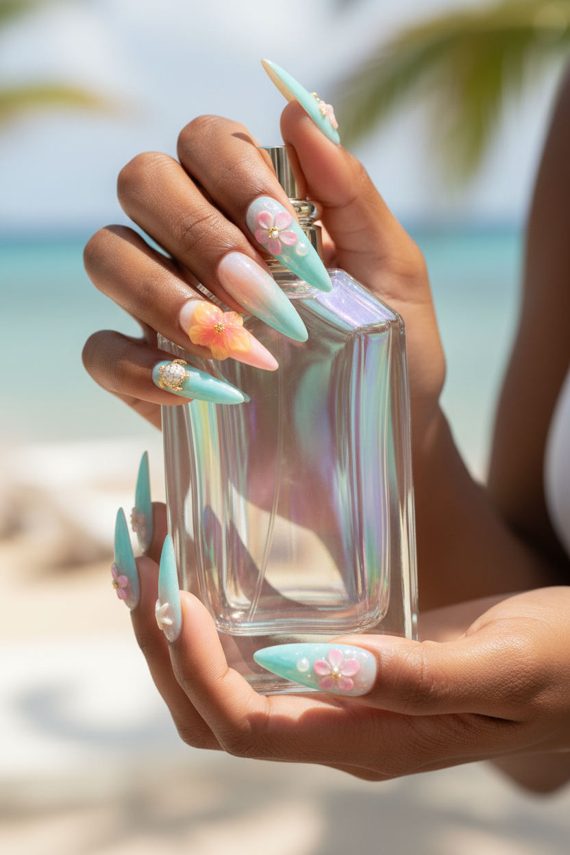 Dark-skin hands holding iridescent perfume wearing pastel aqua pearl tropical floral reusable press-on nails — LuxepressCo