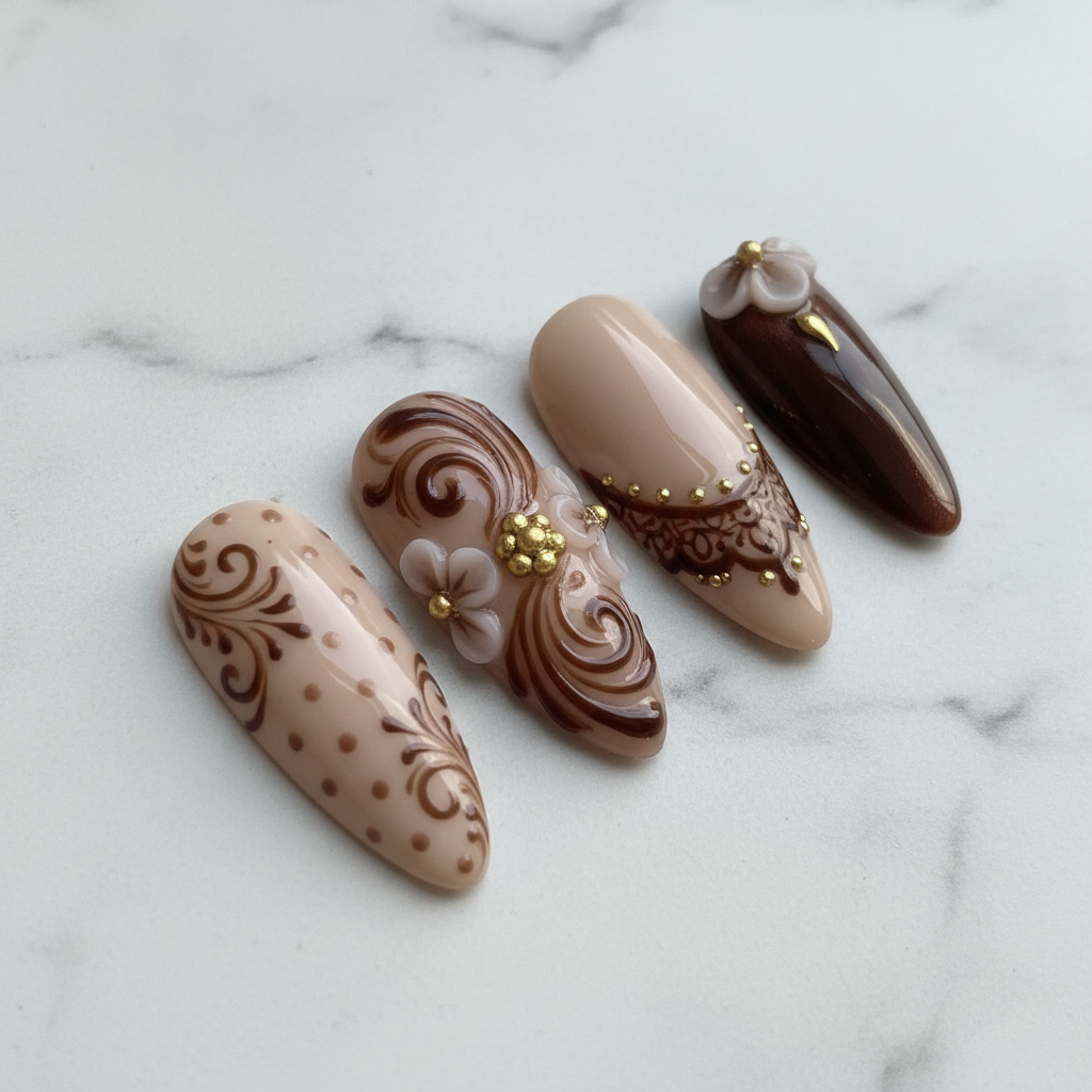 Macro close-up cream baroque swirl gold lace border salon-quality press-on nails almond shape — LuxepressCo