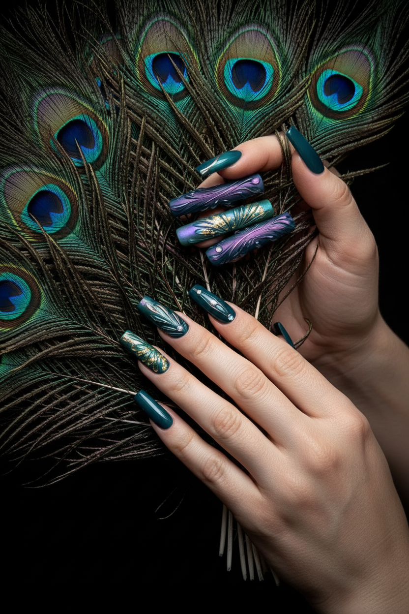 Fair-skin lifestyle teal chrome aurora 3D feather gold foil custom press-on nails holding peacock feather — LuxepressCo