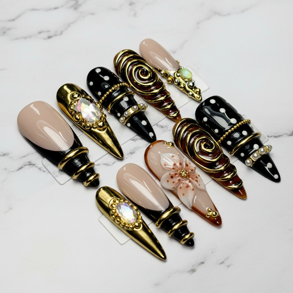 Gold noir maximalist custom press-on nails full set nude black gold chrome 3D flower — LuxepressCo