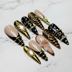 Gold noir maximalist custom press-on nails full set nude black gold chrome 3D flower — LuxepressCo