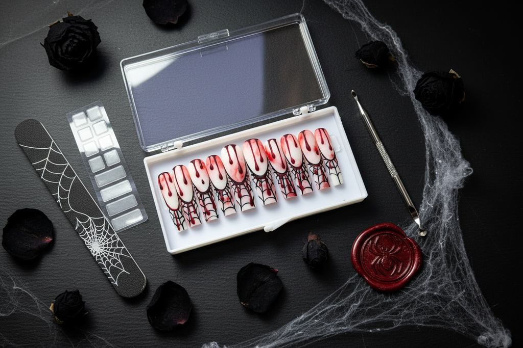 Luxury gothic unboxing acrylic box Halloween blood drip spider web press-on nails with accessories — LuxepressCo