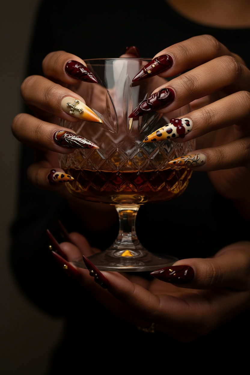 Dark skin hands with wine red amber leopard salon-quality press-on nails holding cognac glass — LuxepressCo