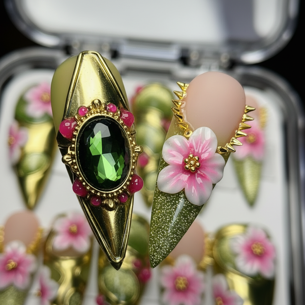 Macro close-up gold chrome armor green cat-eye gem 3D cherry blossom ruby bead custom press-on nails — LuxepressCo