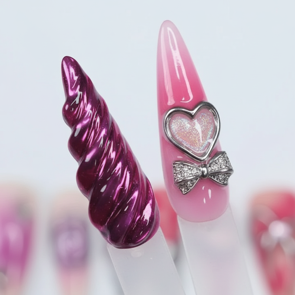 Macro close-up 3D chrome angel wing silver heart bow crystal detail custom press-on nails stiletto — LuxepressCo