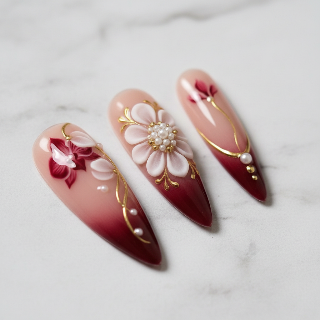 Close-up burgundy ombre pearl gold filigree 3D floral press-on nails glossy texture marble background — LuxepressCo