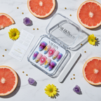 Luxury unboxing acrylic nail box aurora daisy press-on nails with pink grapefruit daisy amethyst gold bead props — LuxepressCo