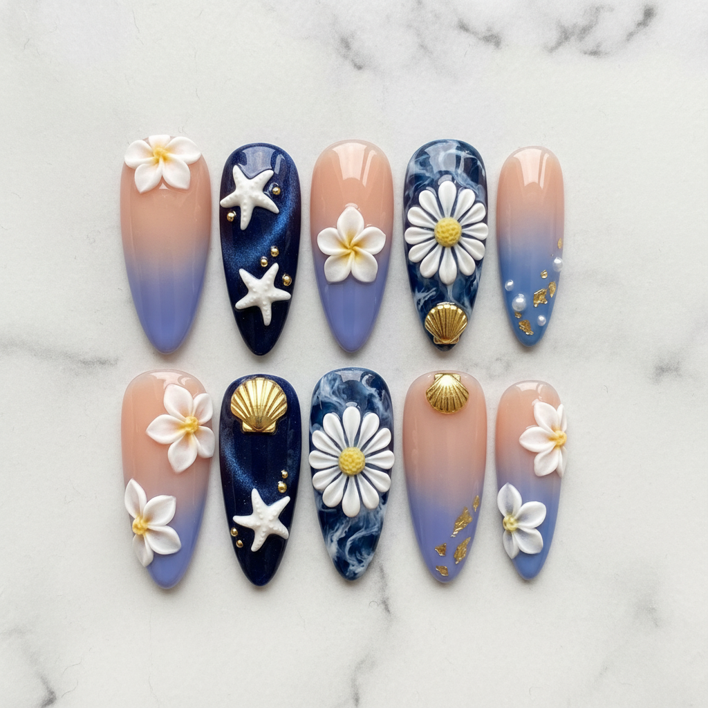 Flat lay top-down full set 10 ocean blossom almond press-on nails blue floral gold foil pearl — LuxepressCo