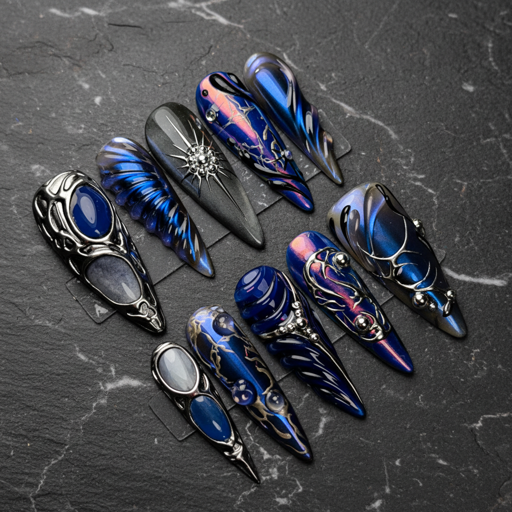 Sapphire blue chrome gothic silver gemstone custom press-on nails full set on dark marble — LuxepressCo