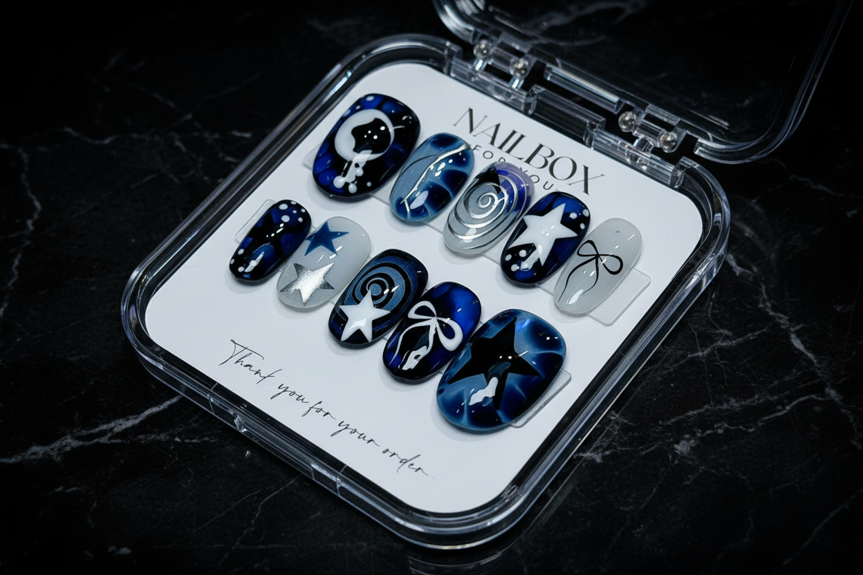 Midnight galaxy navy blue cat-eye star coquette bow custom press-on nails full set on marble — LuxepressCo