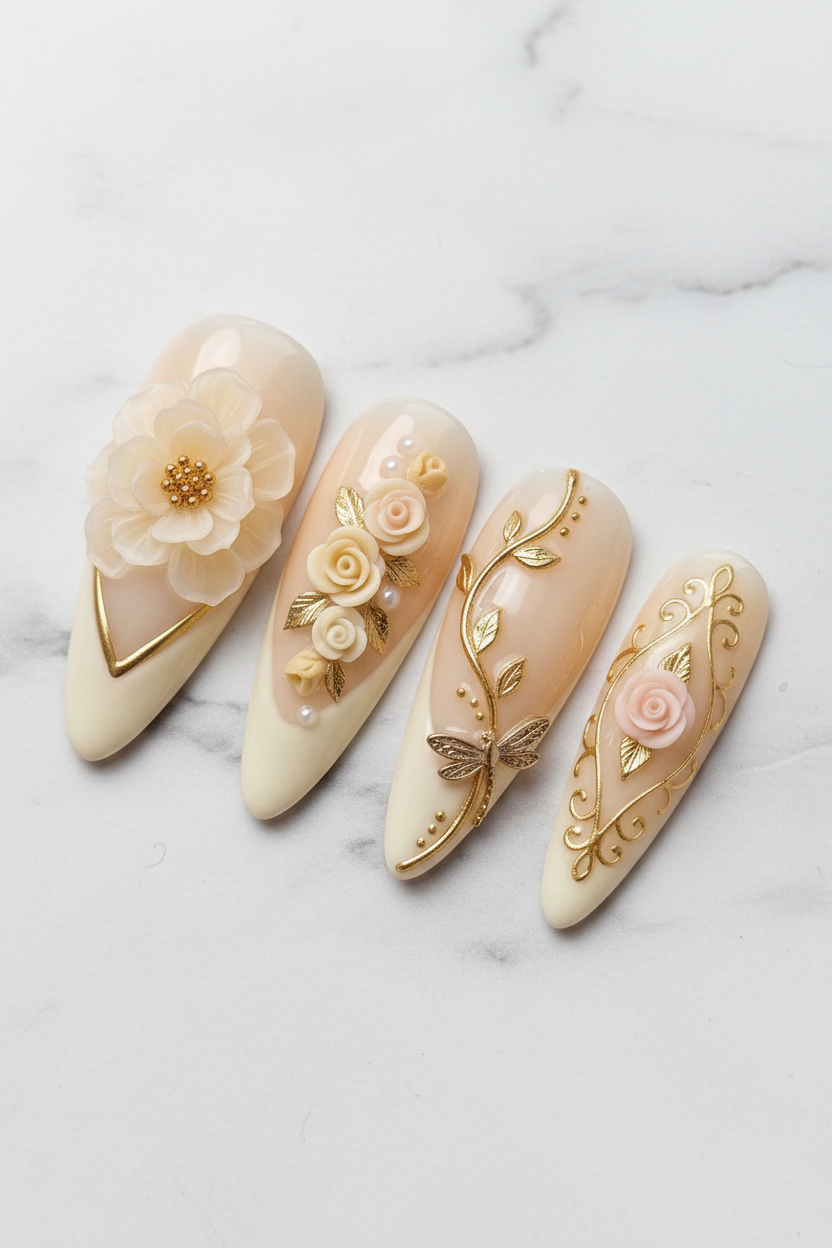 Close-up 3D cream roses gold leaf custom press-on nails glossy finish white marble — LuxepressCo