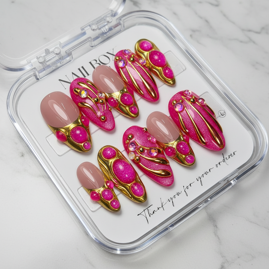 Hot pink gold bubble gem magenta glitter chrome custom press-on nails almond full set — LuxepressCo