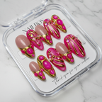 Hot pink gold bubble gem magenta glitter chrome custom press-on nails almond full set — LuxepressCo