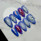 Full set cobalt blue chrome holo press-on nails on white marble studio light custom press-on nails — LuxepressCo