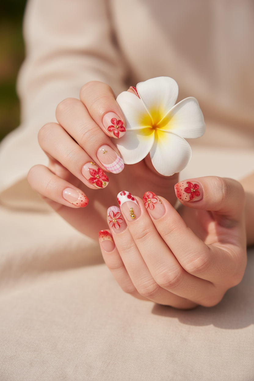Red Floral Press-On Nails lifestyle light skin