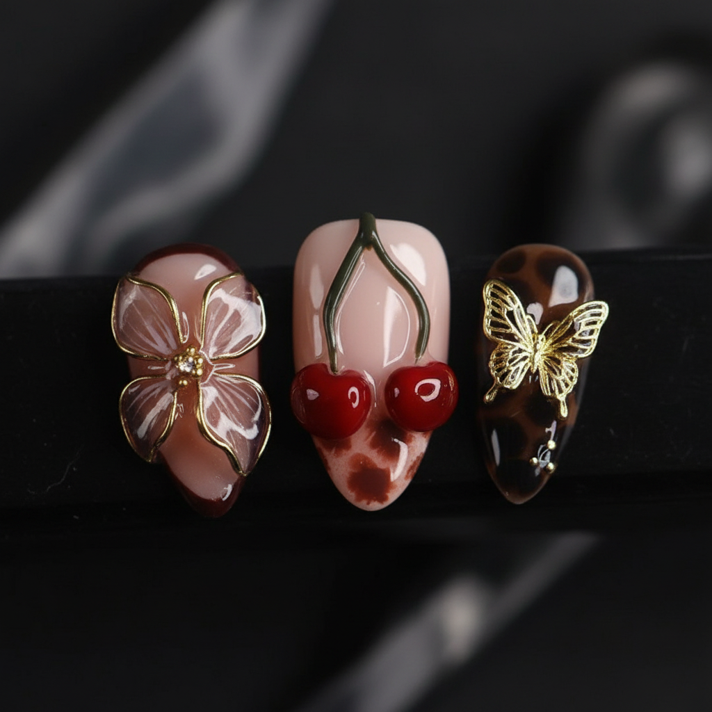 Macro close-up 3D gold enamel flower butterfly red resin cherry charm tortoiseshell almond custom press-on nails detail — LuxepressCo