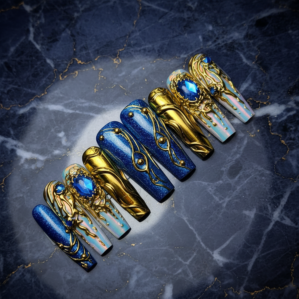Royal blue sapphire gold baroque filigree 3D aurora chrome custom press-on nails coffin full set on navy marble — LuxepressCo