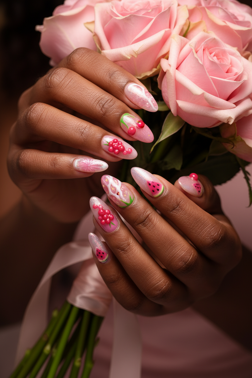 Dark skin hands wearing pink jelly fruit custom press-on nails holding pink rose bouquet — LuxepressCo