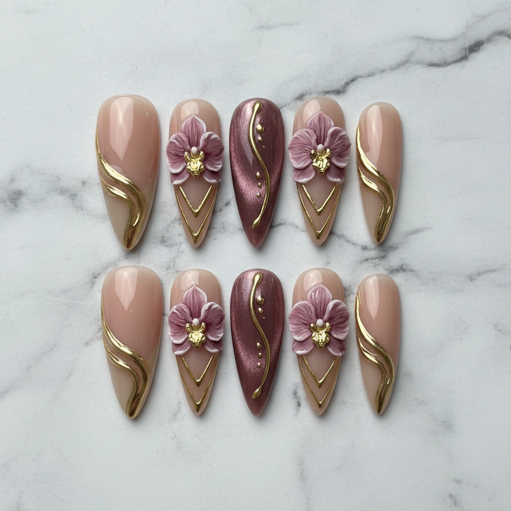 Flat lay top-down full set 10 salon-quality press-on nails orchid gold foil nude blush — LuxepressCo