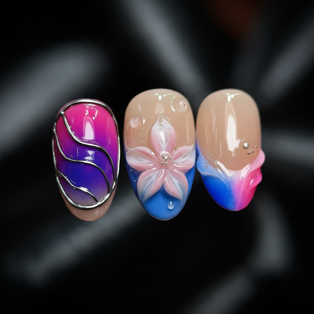 Macro close-up galaxy blue purple swirl gold foil 3D white flower reusable salon-quality press-on nails — LuxepressCo
