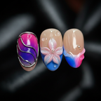 Macro close-up galaxy blue purple swirl gold foil 3D white flower reusable salon-quality press-on nails — LuxepressCo