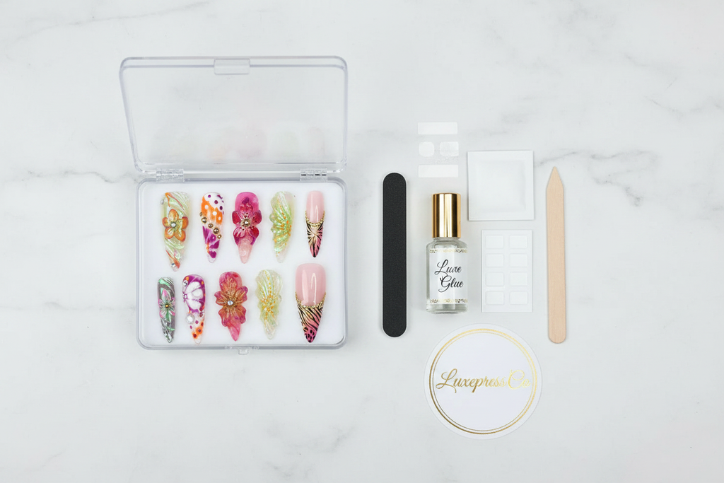 LuxepressCo 3D tropical floral press-on nail packaging unboxing clear acrylic hinged box with glue file adhesive tabs — custom press-on nails — LuxepressCo