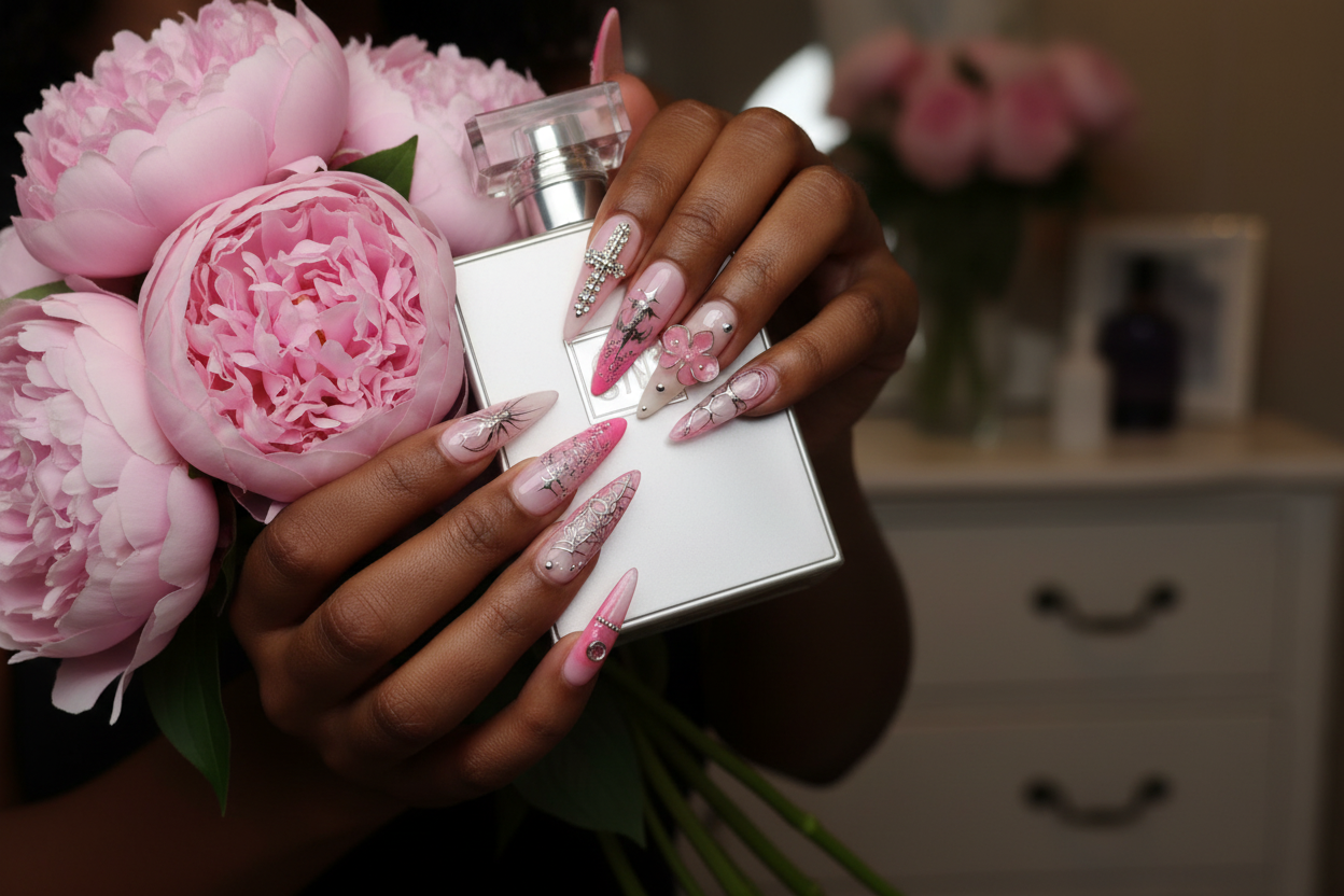 Lifestyle dark skin hands wearing pink cross fairy gothic custom press-on nails holding pink peonies — LuxepressCo