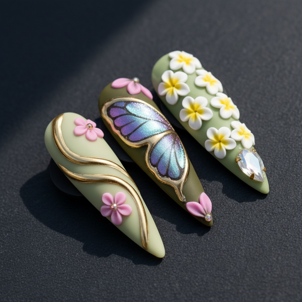 Macro close-up iridescent holographic purple blue butterfly wings gold outline sage green custom press-on nails dark background — LuxepressCo