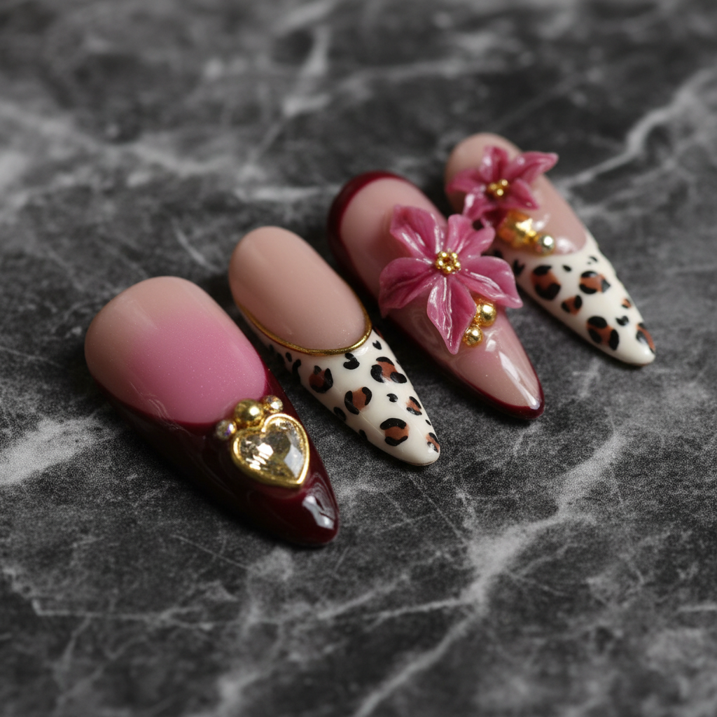 Macro close-up mauve ombre 3D magenta flower gold heart charm salon-quality press-on nails — LuxepressCo