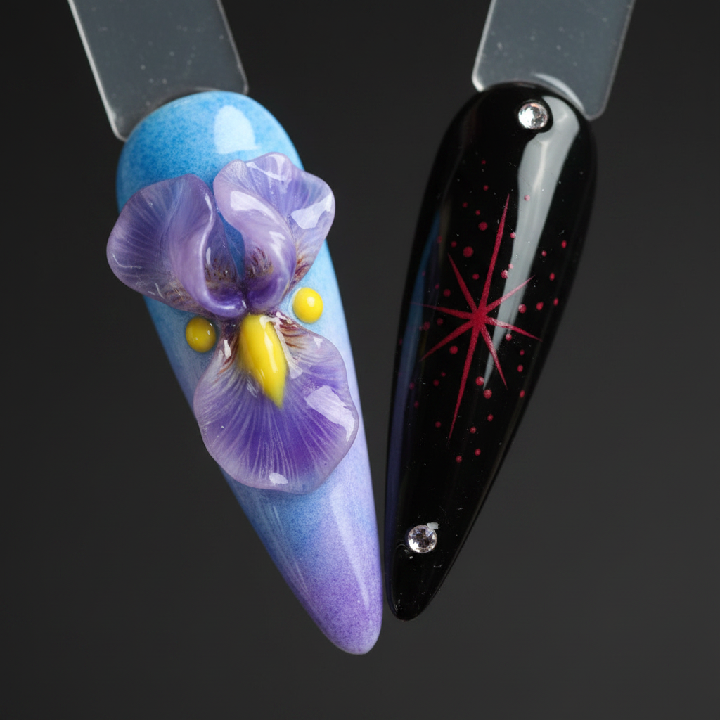 Macro close-up blue-purple watercolor 3D iris rhinestone starburst salon-quality stiletto press-on nails — LuxepressCo