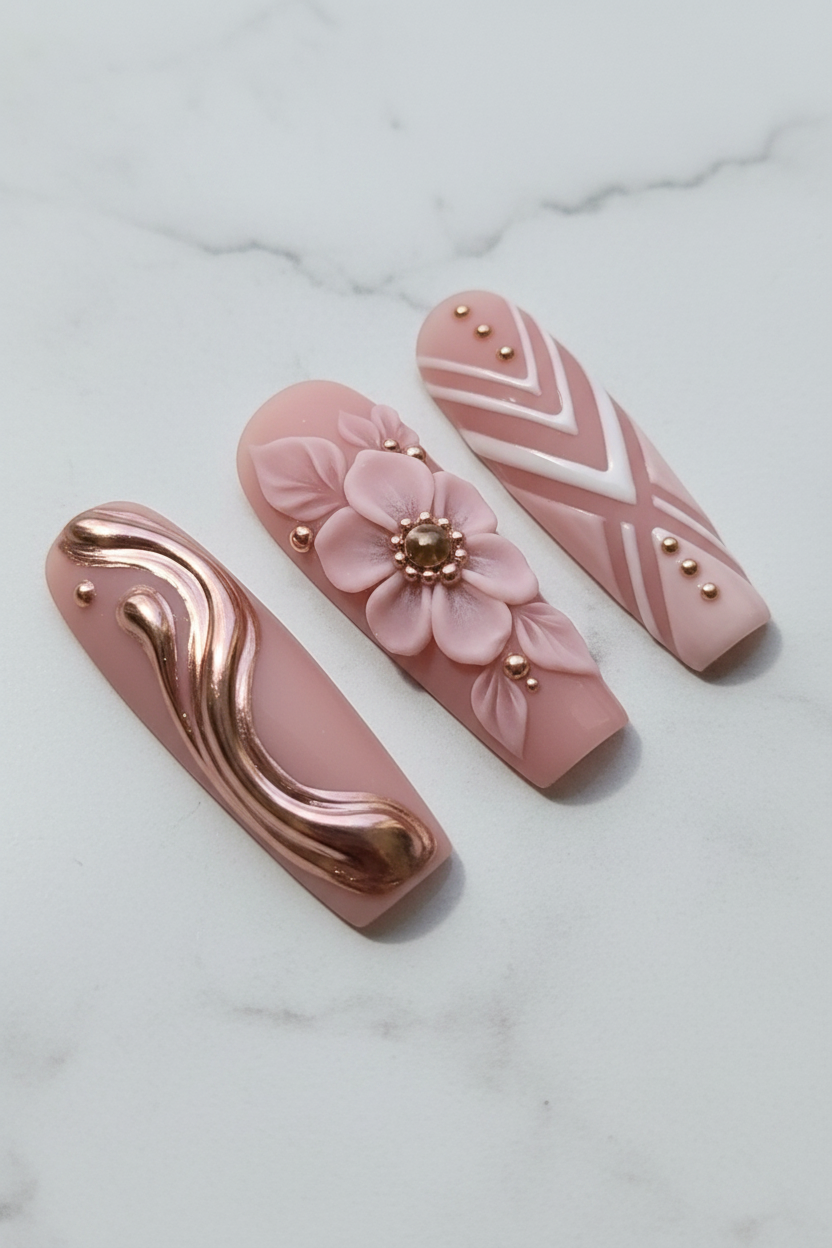 Close-up rose gold metallic wave swirl and geometric chevron blush pink salon-quality press-on nails — LuxepressCo