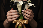Light skin hands holding black white calla lilies wearing dark luxury gothic custom press-on nails stiletto — LuxepressCo