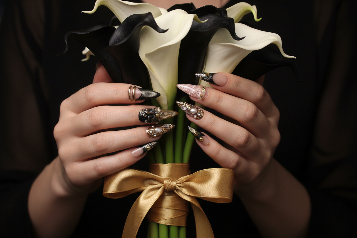 Light skin hands holding black white calla lilies wearing dark luxury gothic custom press-on nails stiletto — LuxepressCo