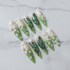 Green butterfly 3D floral stiletto custom press-on nails full set white marble background — LuxepressCo