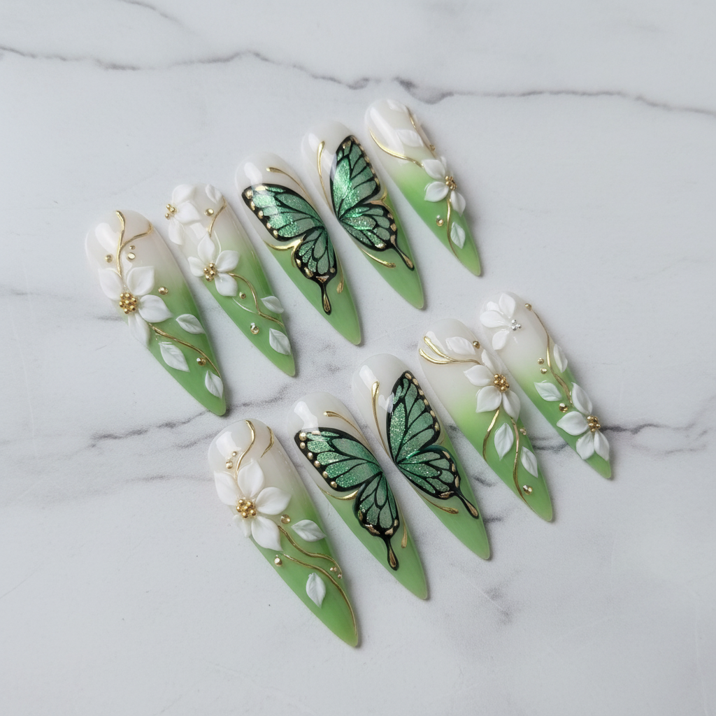 Green butterfly 3D floral stiletto custom press-on nails full set white marble background — LuxepressCo