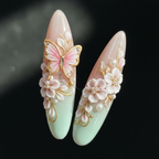 Close-up macro 3D pink butterfly gold wings rhinestone cherry blossom pearl blush mint custom press-on nails dramatic — LuxepressCo