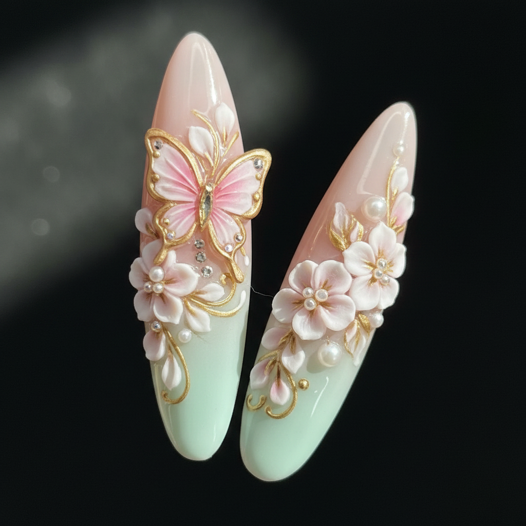 Close-up macro 3D pink butterfly gold wings rhinestone cherry blossom pearl blush mint custom press-on nails dramatic — LuxepressCo
