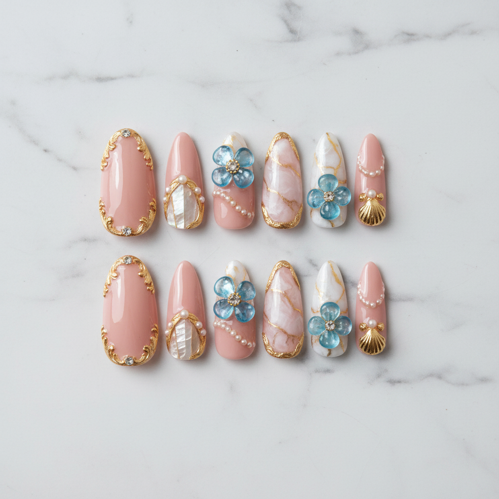 Flat lay top-down full set 10 luxury pearl marble baroque 3D flower custom press-on nails white marble — LuxepressCo
