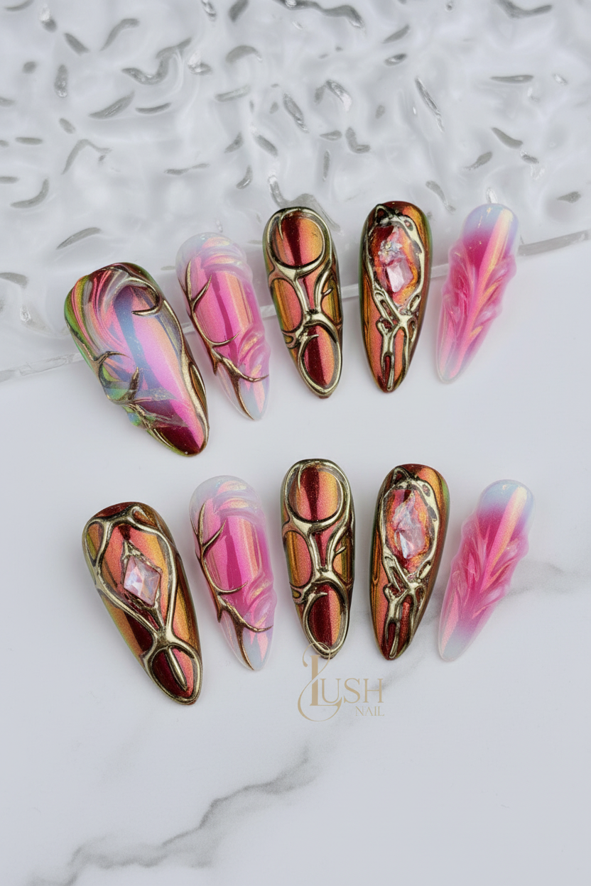 Full set 10 gold filigree aurora chrome stiletto custom press-on nails on marble — LuxepressCo