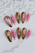 Full set 10 gold filigree aurora chrome stiletto custom press-on nails on marble — LuxepressCo
