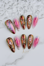 Full set 10 gold filigree aurora chrome stiletto custom press-on nails on marble — LuxepressCo