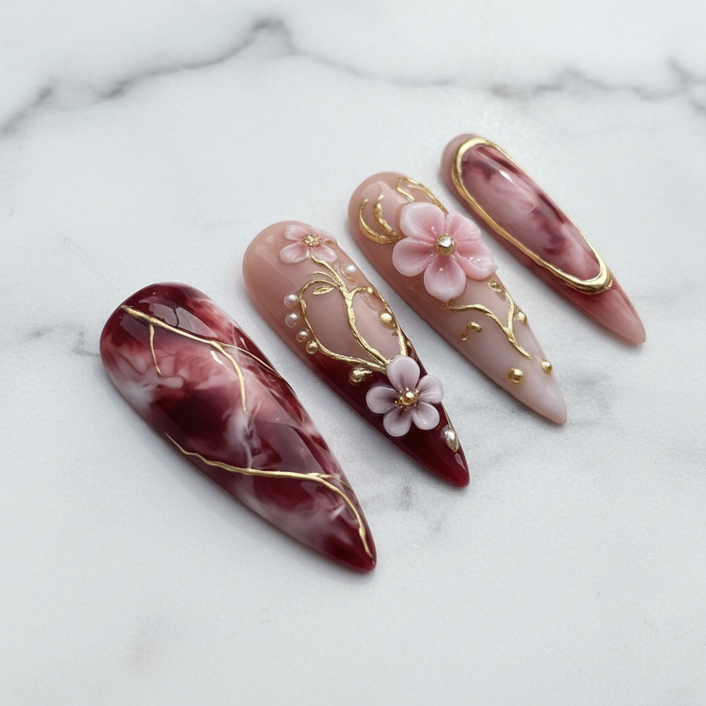 Close-up burgundy red marble gold foil pearl accent reusable nails glossy texture — LuxepressCo