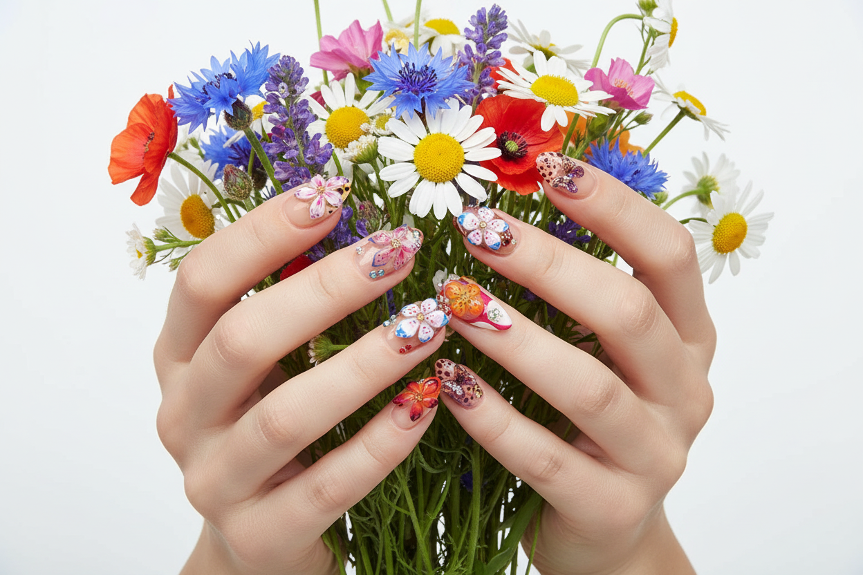 Fair-skin hands wearing 3D flower butterfly custom press-on nails holding colorful wildflowers — LuxepressCo
