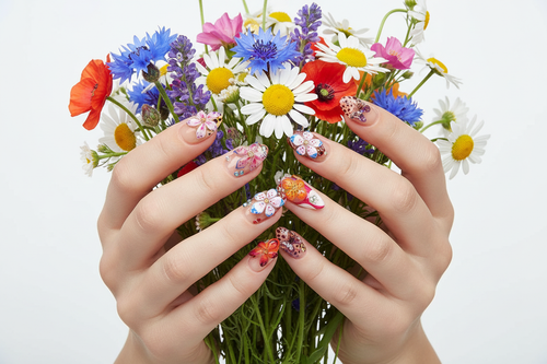 Fair-skin hands wearing 3D flower butterfly custom press-on nails holding colorful wildflowers — LuxepressCo