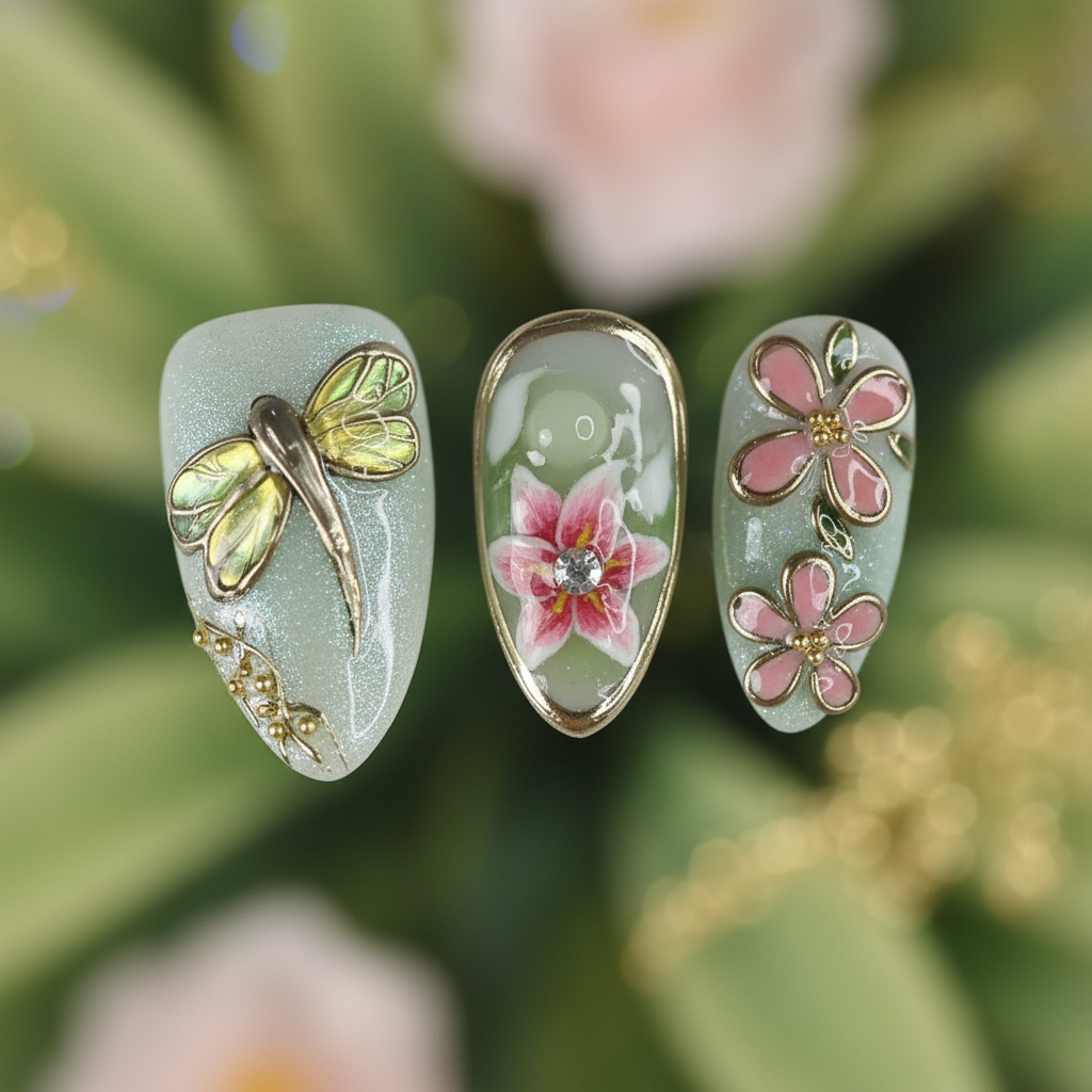 Macro close-up 3D gold dragonfly teardrop frame cherry blossom aurora sage green custom press-on nails detail — LuxepressCo