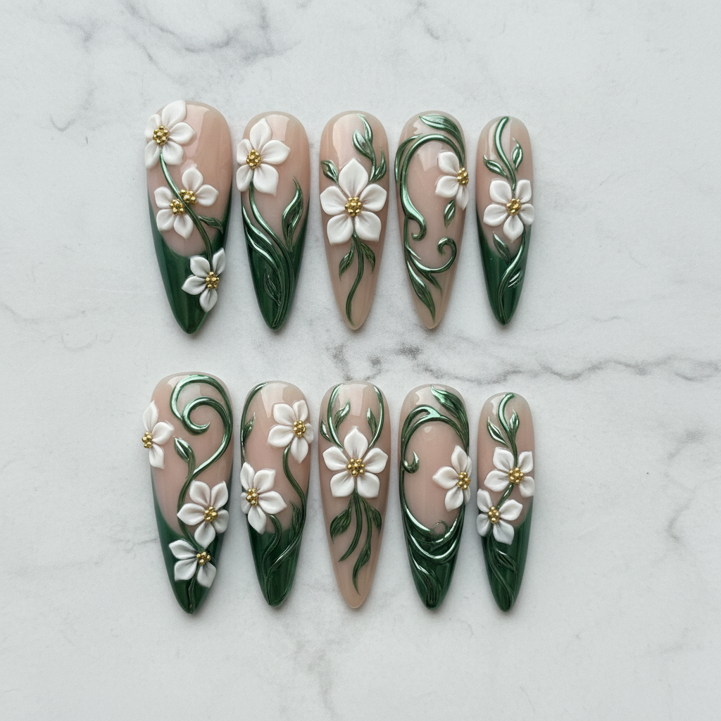 Flat lay top-down 10 sheer nude emerald chrome vine 3D white jasmine gold bead custom press-on nails white marble — LuxepressCo