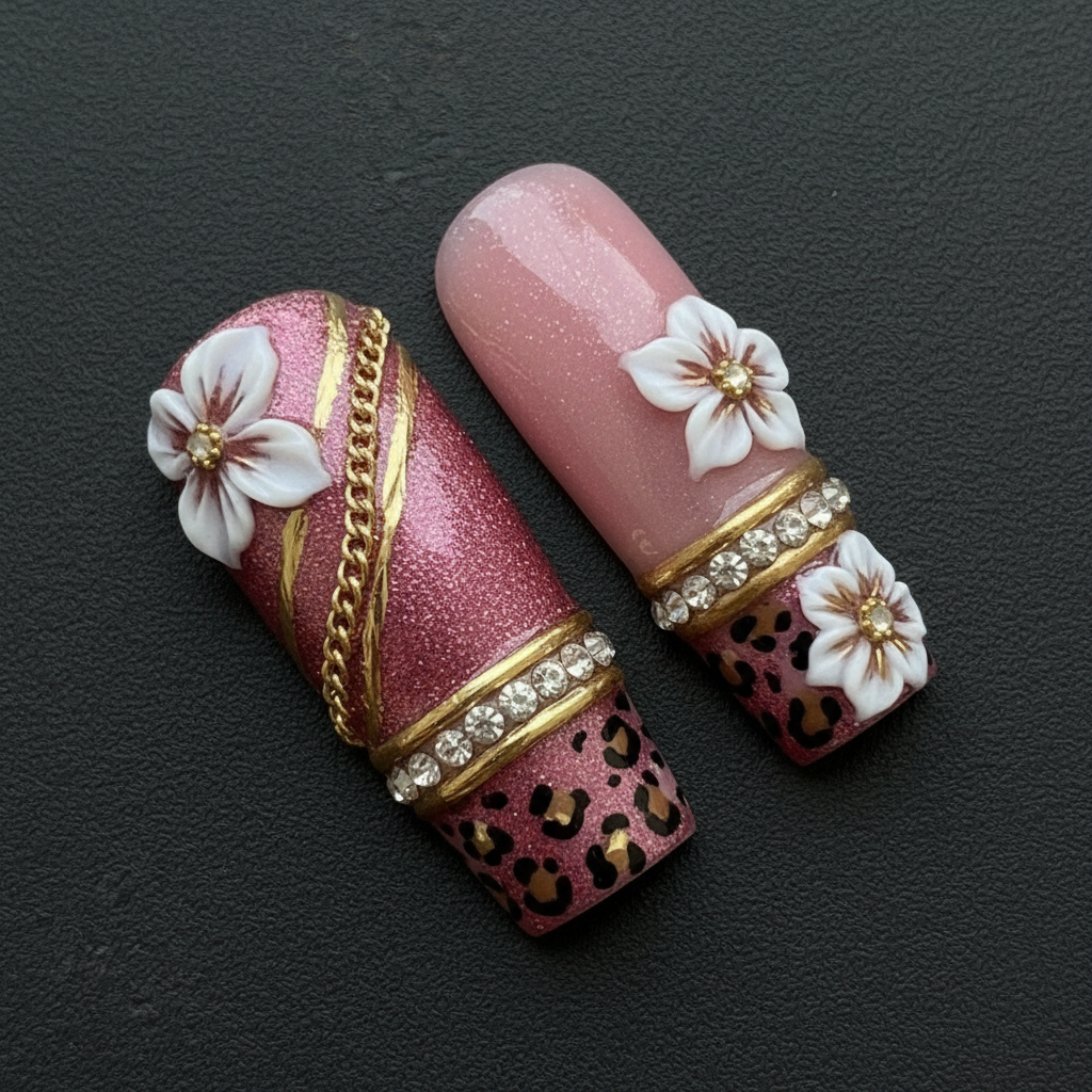 Close-up macro gold chain rhinestone band 3D white flower pink glitter square custom press-on nails dramatic lighting — LuxepressCo