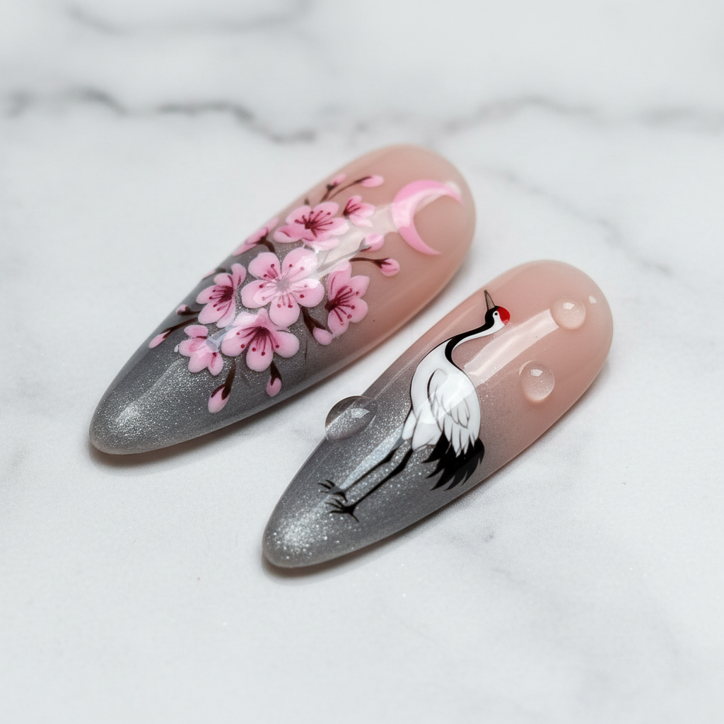 Macro close-up cherry blossom press-on nails 3D water droplet texture marble background — LuxepressCo