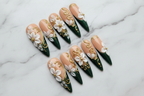 Full set 10 stiletto press-on nails with 3D white floral and gold swirl design on marble background custom press-on nails nude green — LuxepressCo